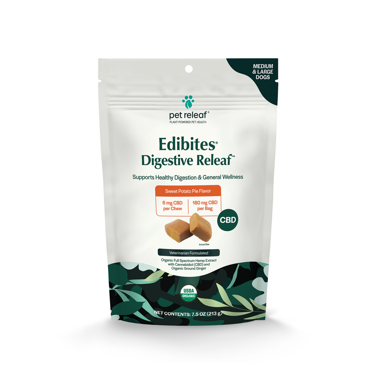 front package for pet releaf brand edibites digestive chews for pets 180mg cbd