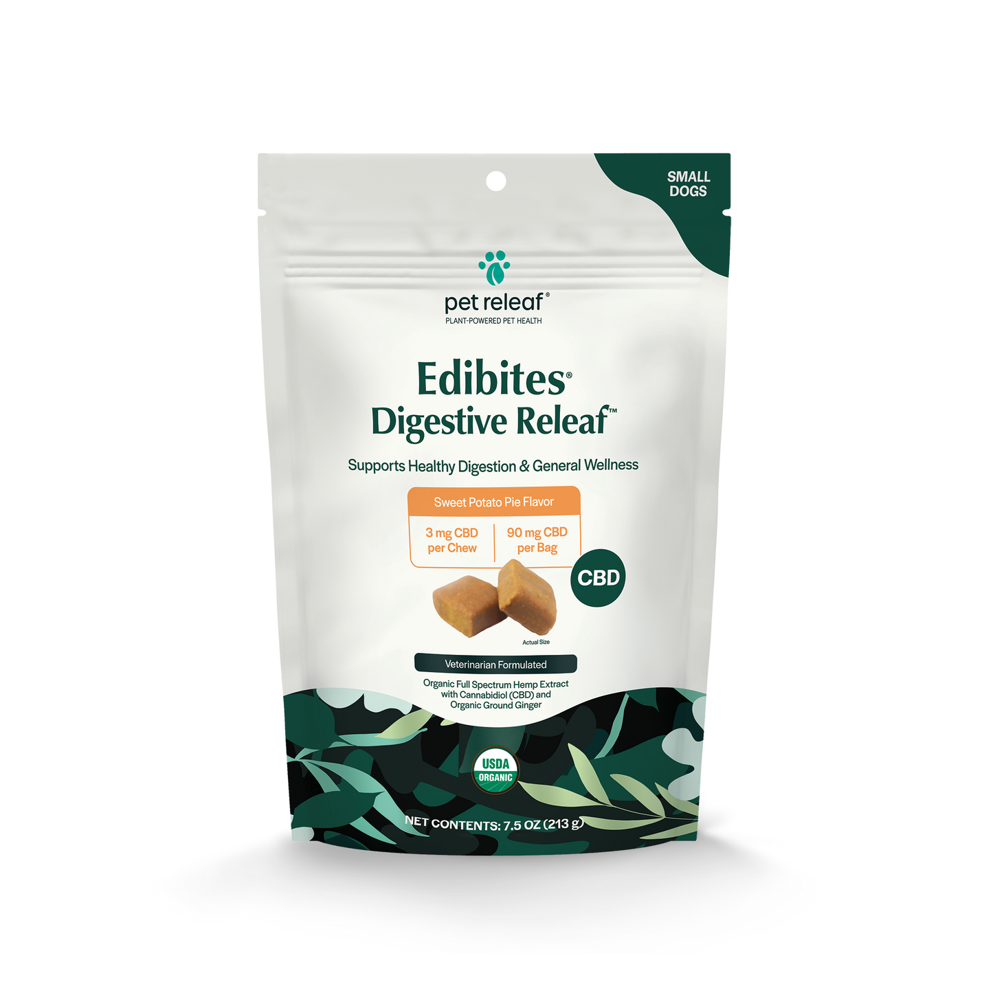front package for pet releaf brand edibites digestive chews for pets 90mg cbd