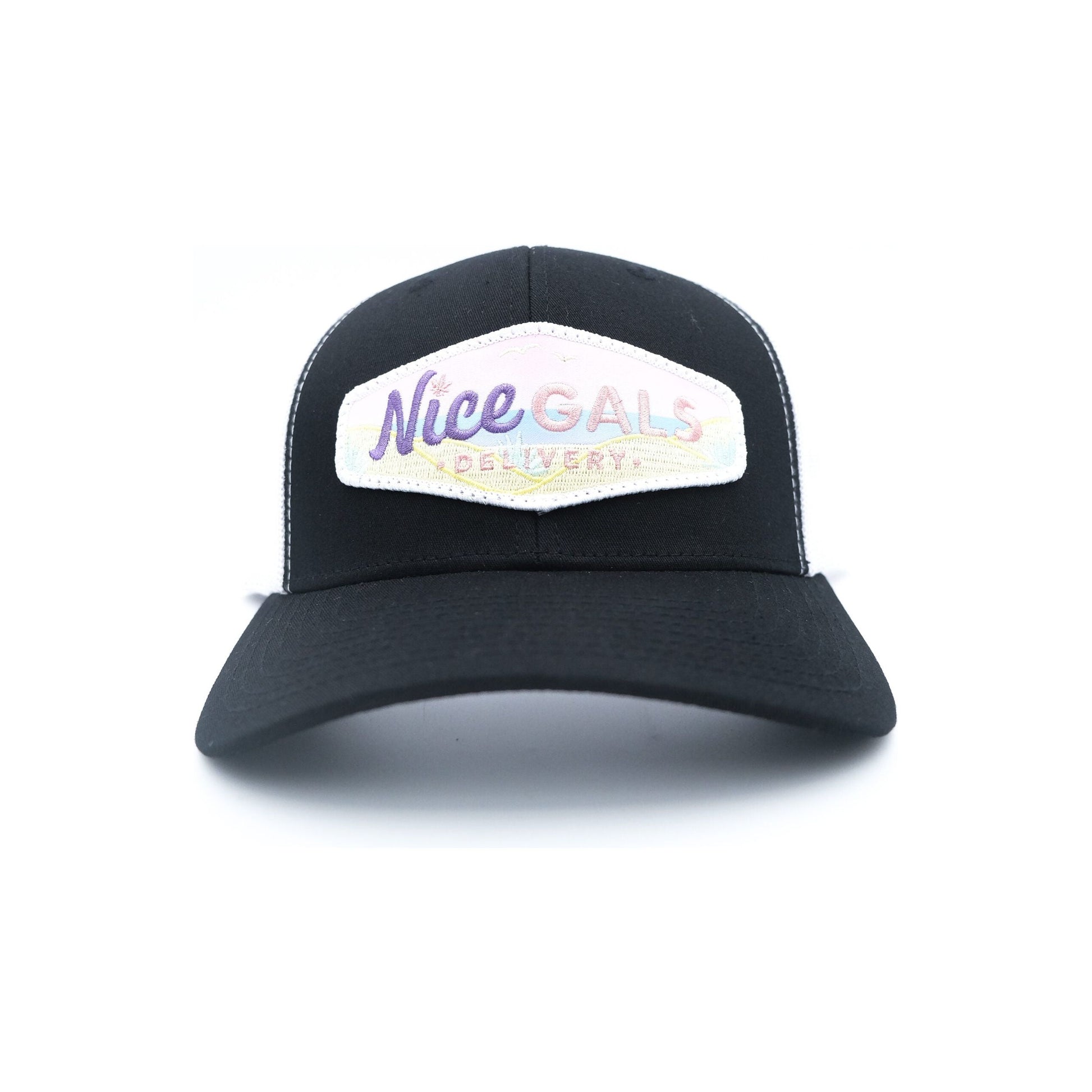 front view of nice gals hat with logo by tommy breeze in black and white color