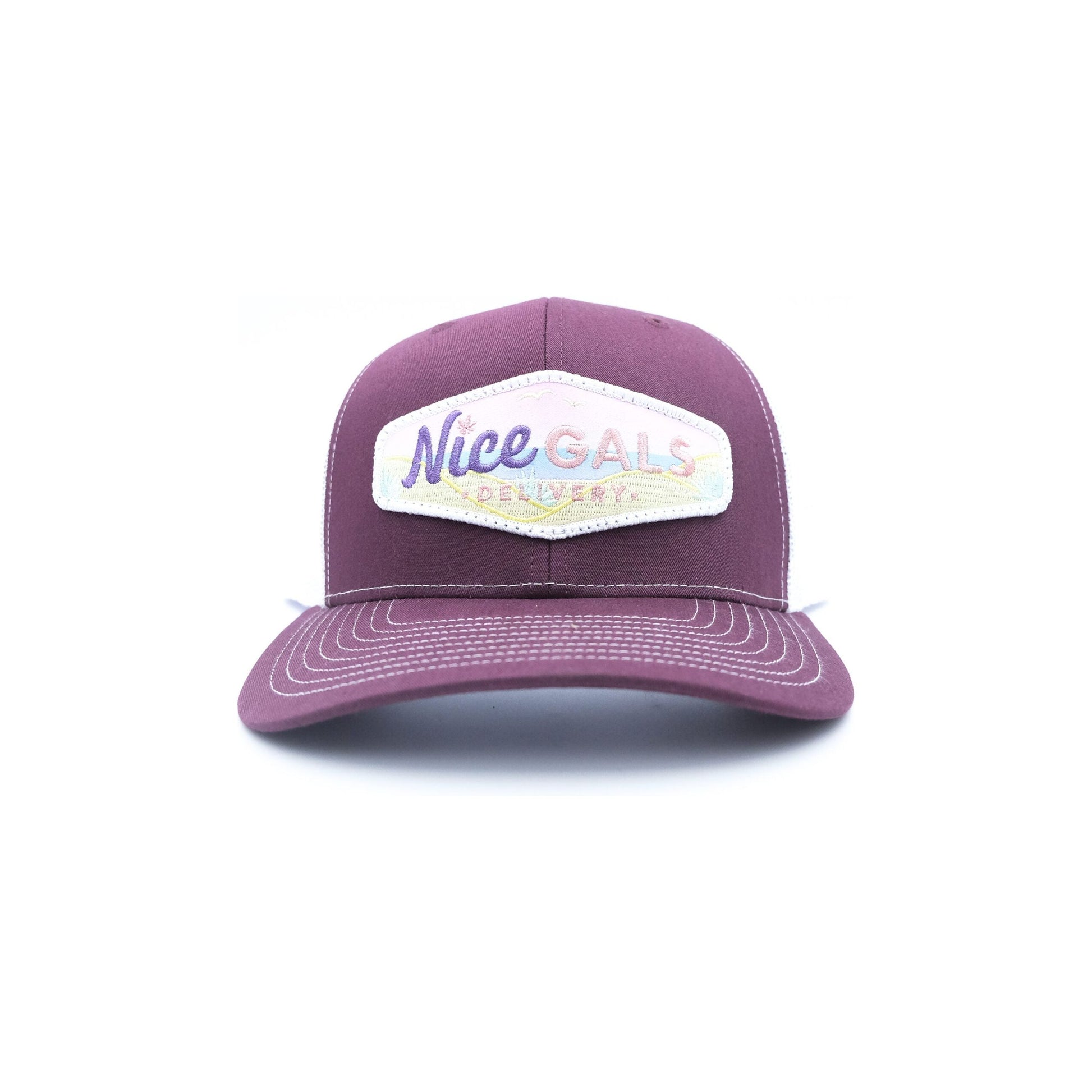 front view of nice gals hat with logo by tommy breeze in maroon and white color