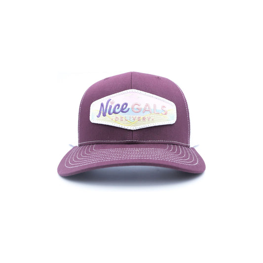 front view of nice gals hat with logo by tommy breeze in maroon and white color