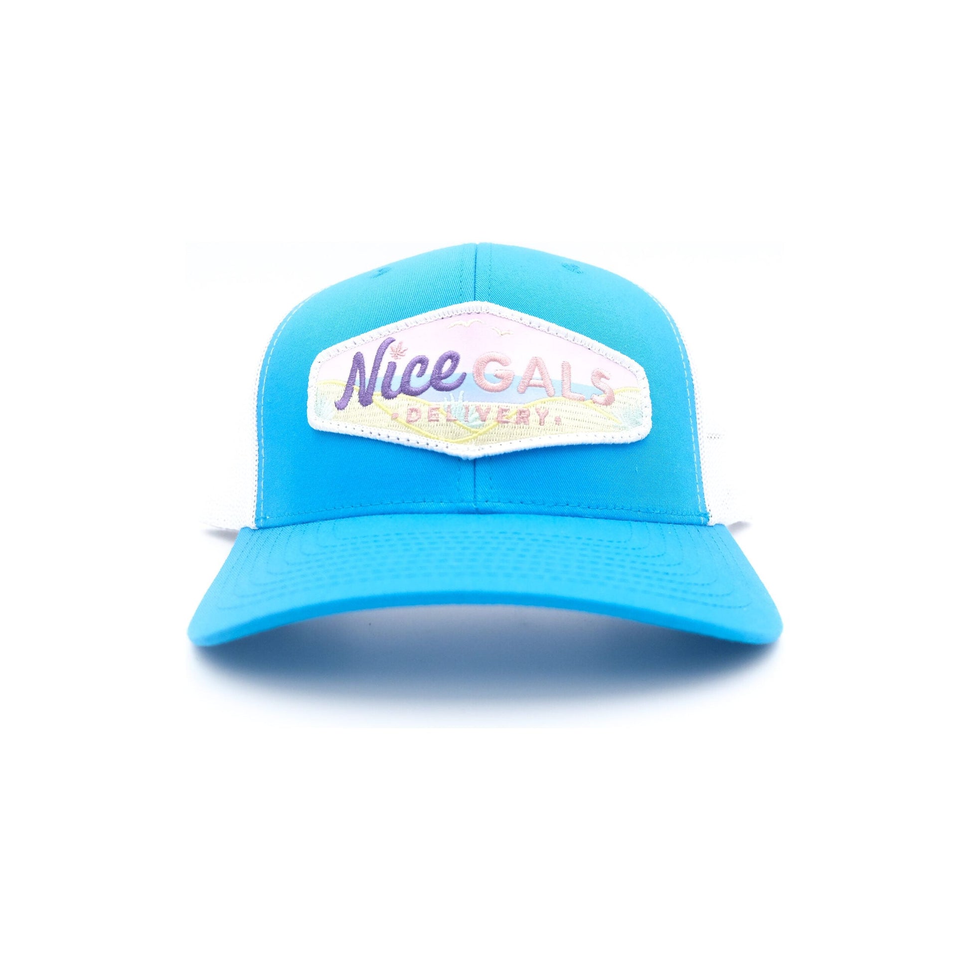 front view of nice gals hat with logo by tommy breeze in teal and white color