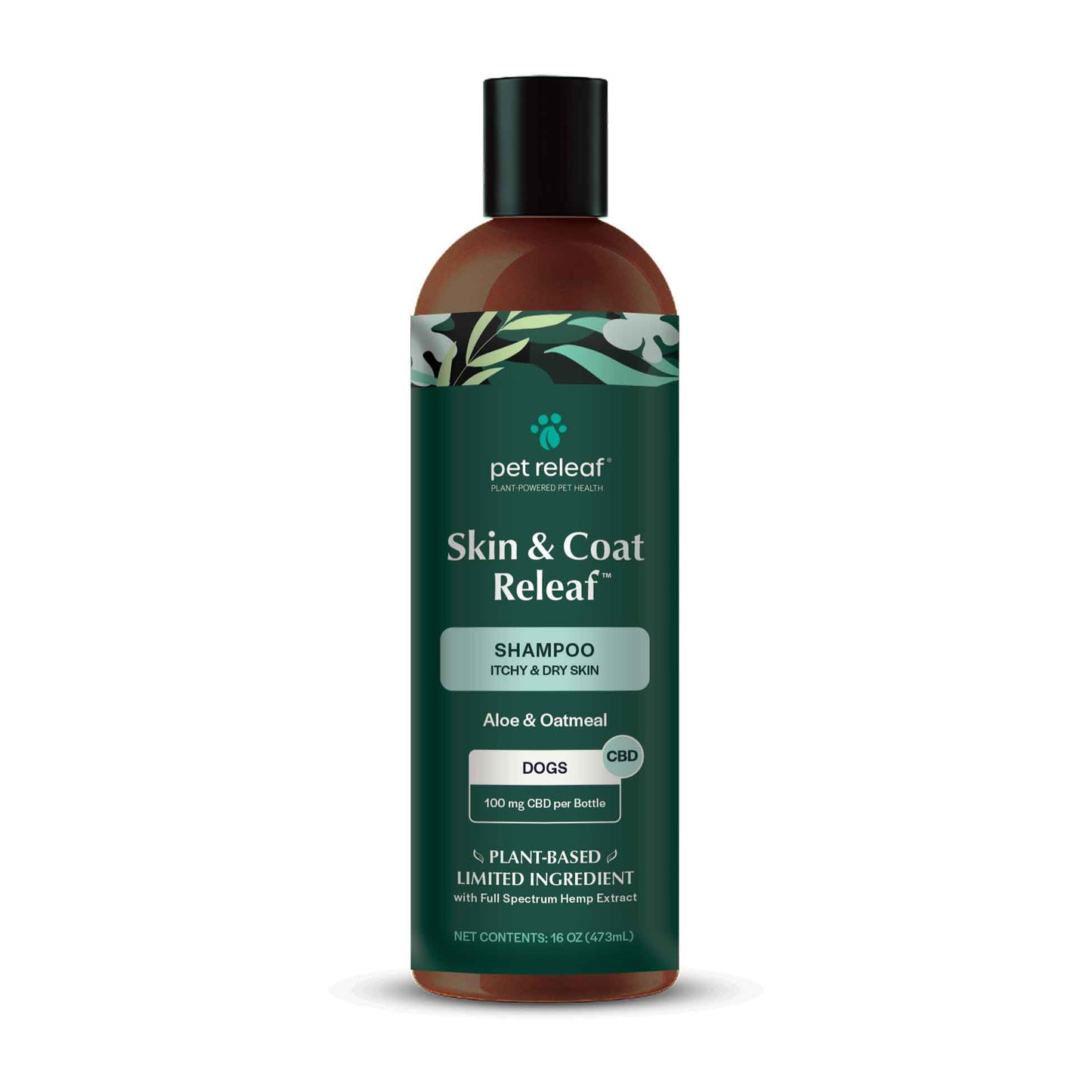 front bottle for pet releaf brand skin coat shampoo for pets 100mg cbd