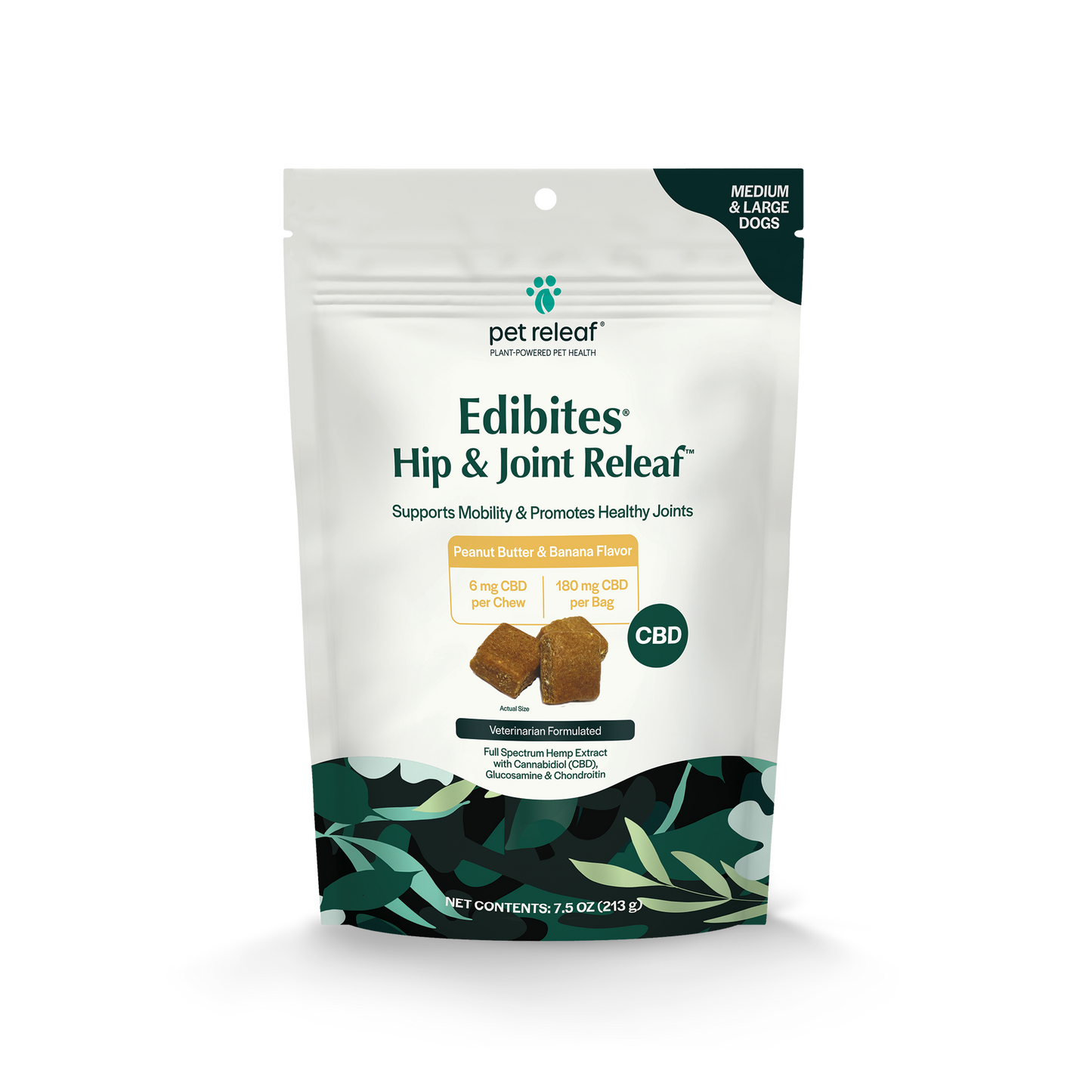 front package for pet releaf brand edibites hip joint chews for pets 180mg cbd