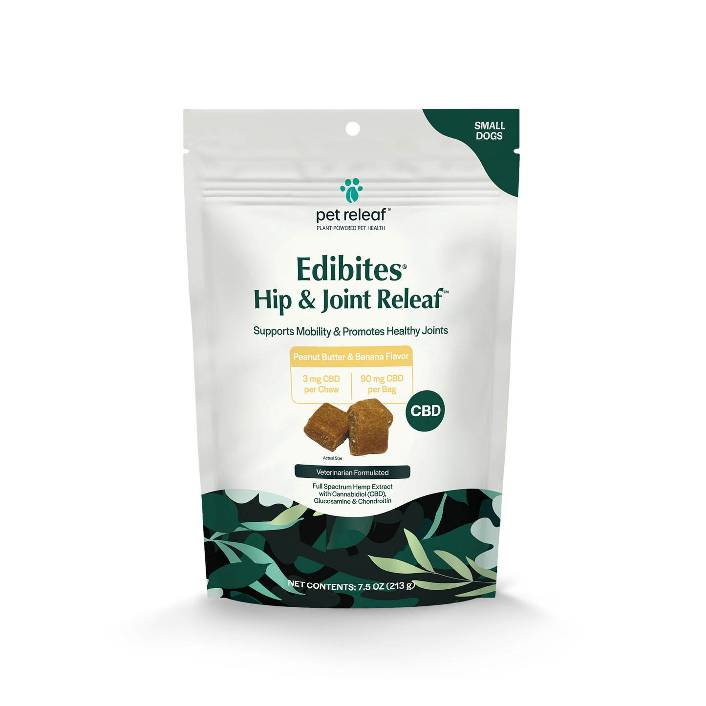 front package for pet releaf brand edibites hip joint chews for pets 90mg cbd