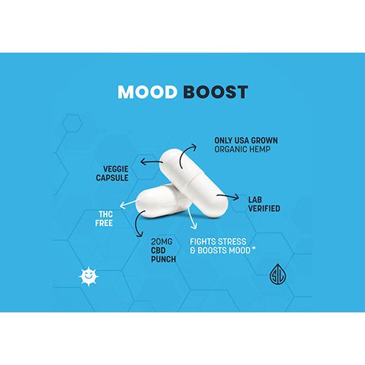 two white simple leaf brand mood boost capsules with information about ingredients and effects