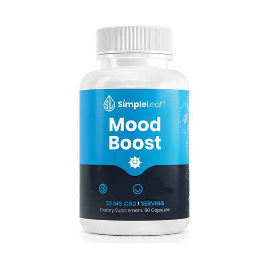 front of a bottle of simple leaf brand cbd mood boost capsules 