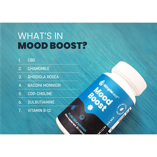 a bottle of simple leaf brand mood boost capsules with a list of ingredients displayed to the side