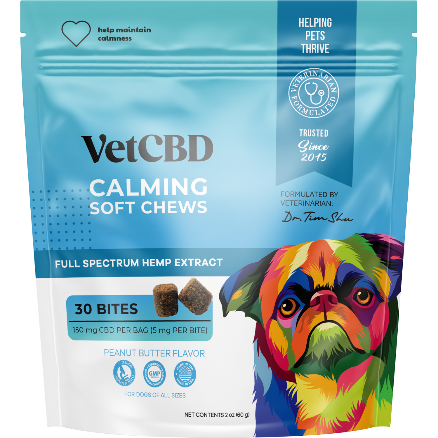 vetcbd brand calming soft chew bites for pets 30 bites peanut butter flavor