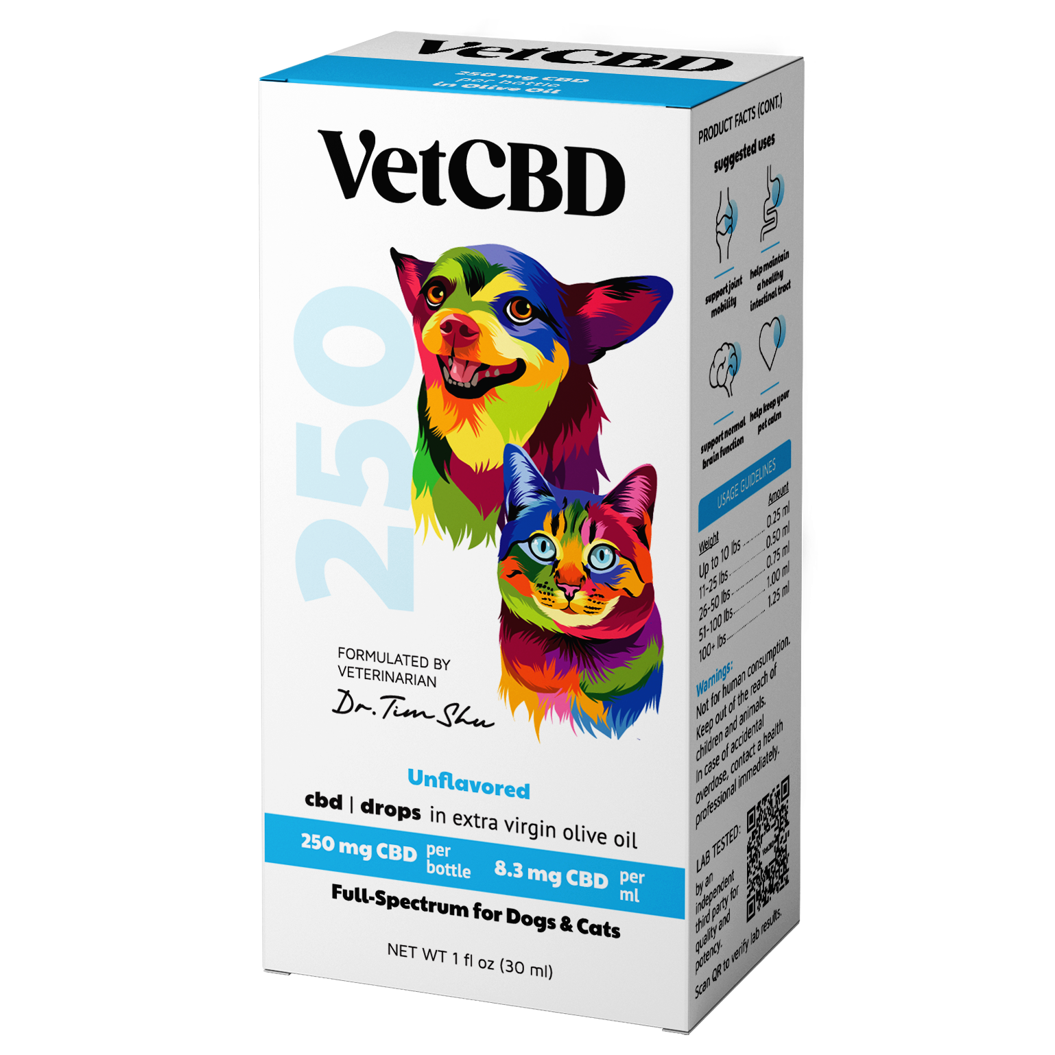 front of package for vetcbd brand drops 250mg cbd for pets