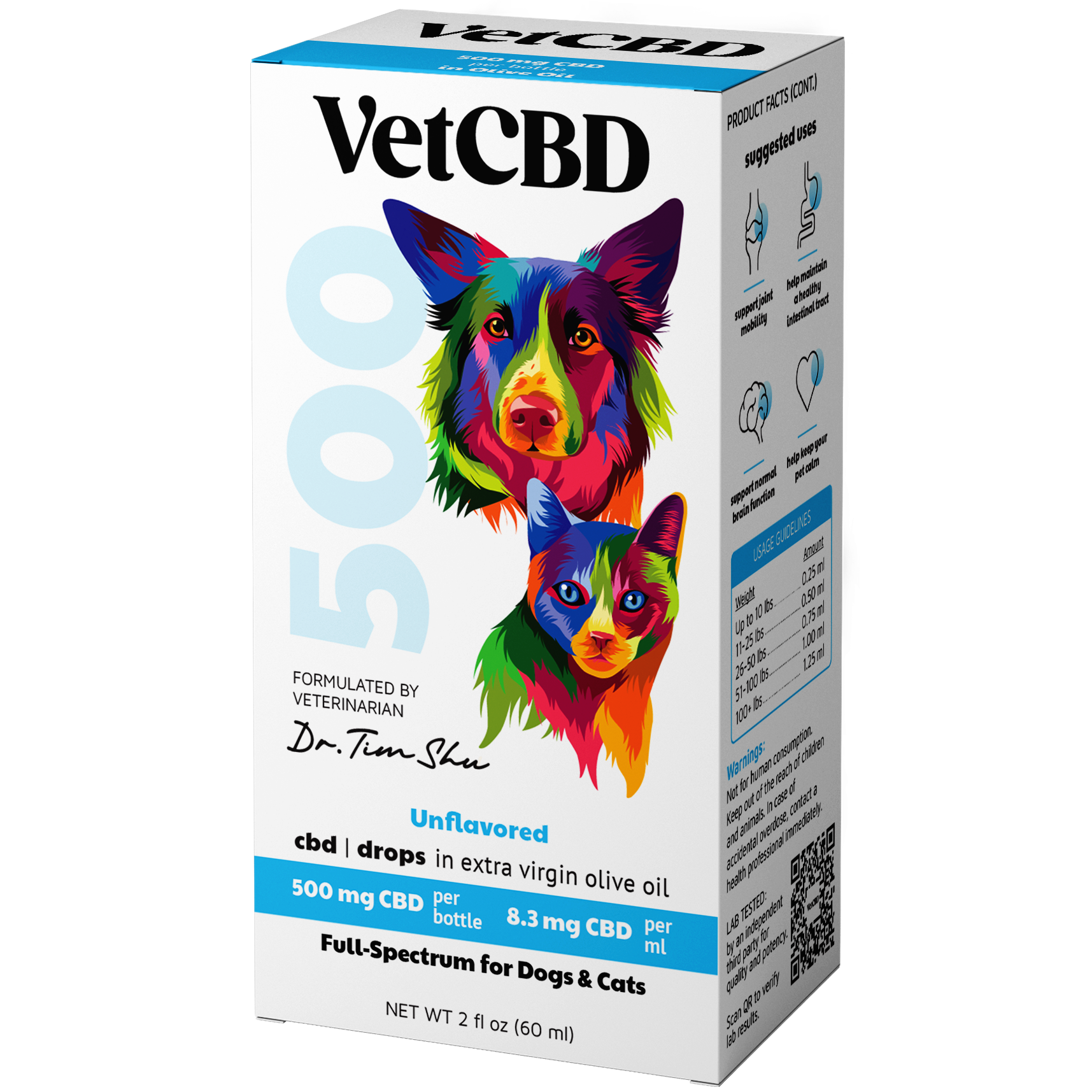 front of package for vetcbd brand drops 500mg cbd for pets